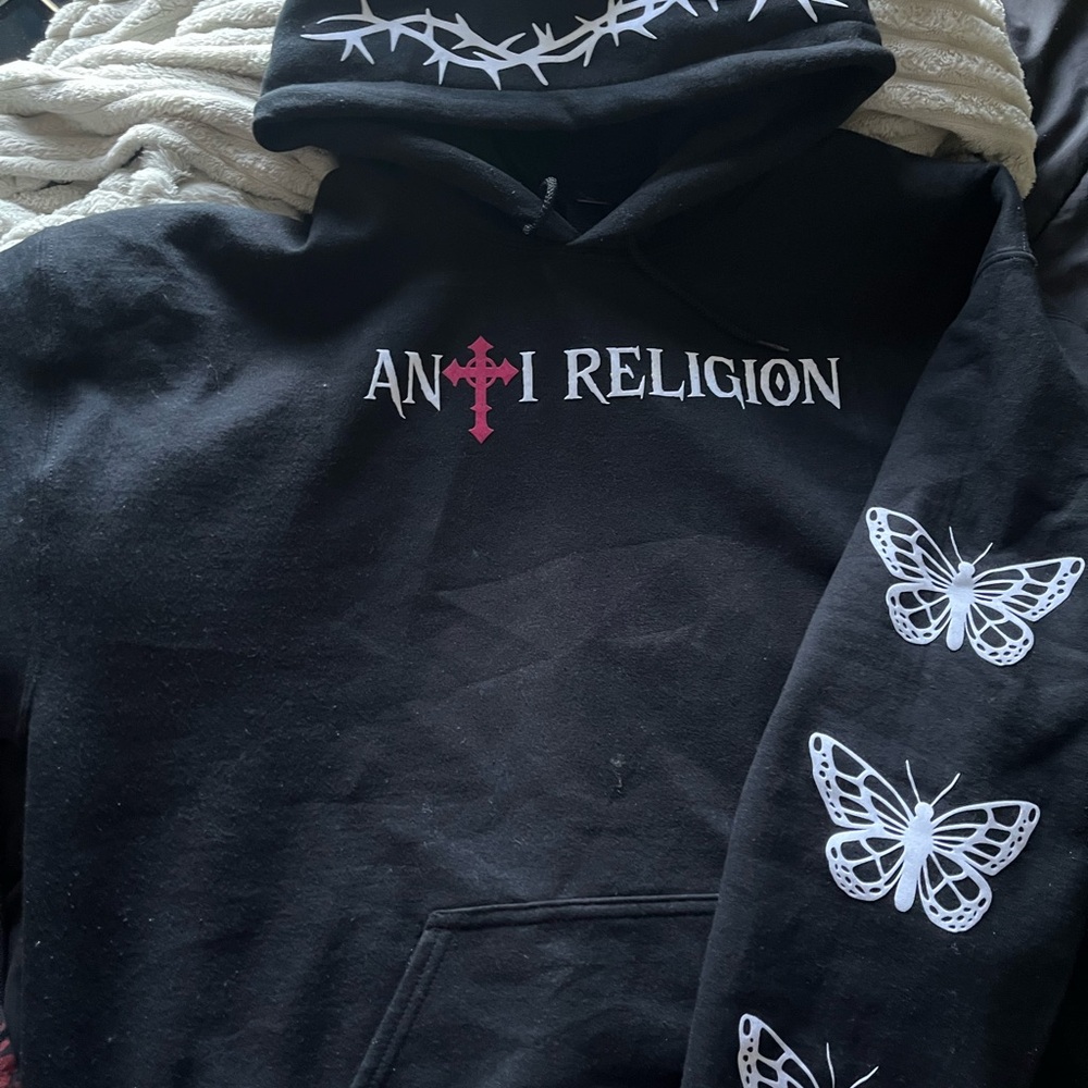 Anti Religion Black Hoodie with Butterfly Sleeves